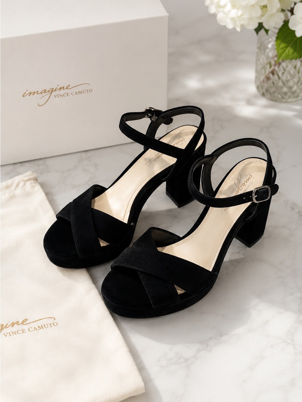 Imagine Vince Camuto Valora2 Black Velvet High Heel Platform Sandals NEW IN BOX